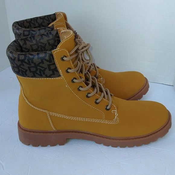 DKNY Miles Yellow Combat Moto Ankle Boots Faux Suede Lace-Up Size 8.5 - Picture 8 of 12